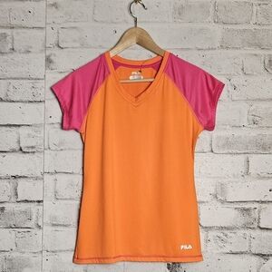 FILA Colorblock Orange Pink Athletic Training Top Women’s S Short Sleeve